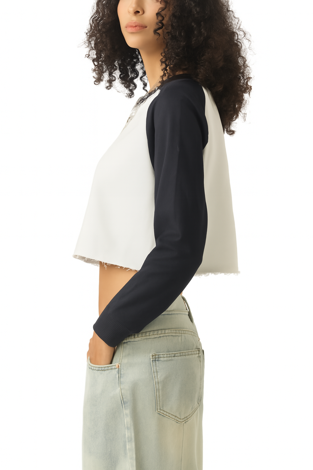 Raw-Hem Color-Block Raglan Crop Sweatshirt