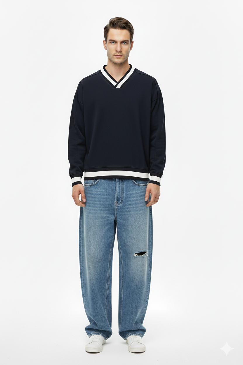 V-Neck Contrast Collar Boxy Sweatshirt