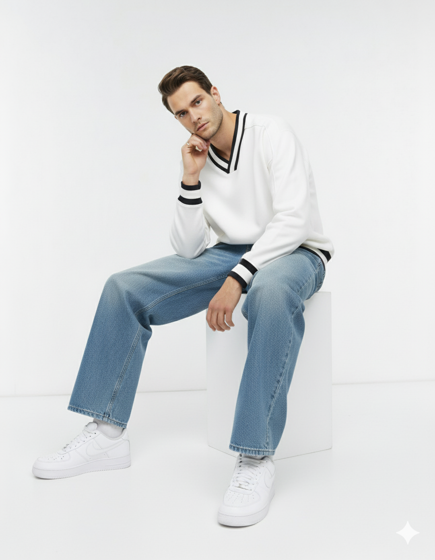 V-Neck Contrast Collar Boxy Sweatshirt