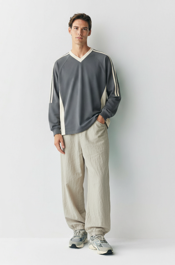 Color-Block V-Neck Long-Sleeve T-Shirt