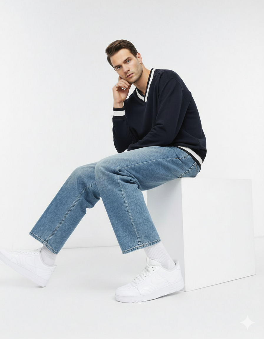 V-Neck Contrast Collar Boxy Sweatshirt