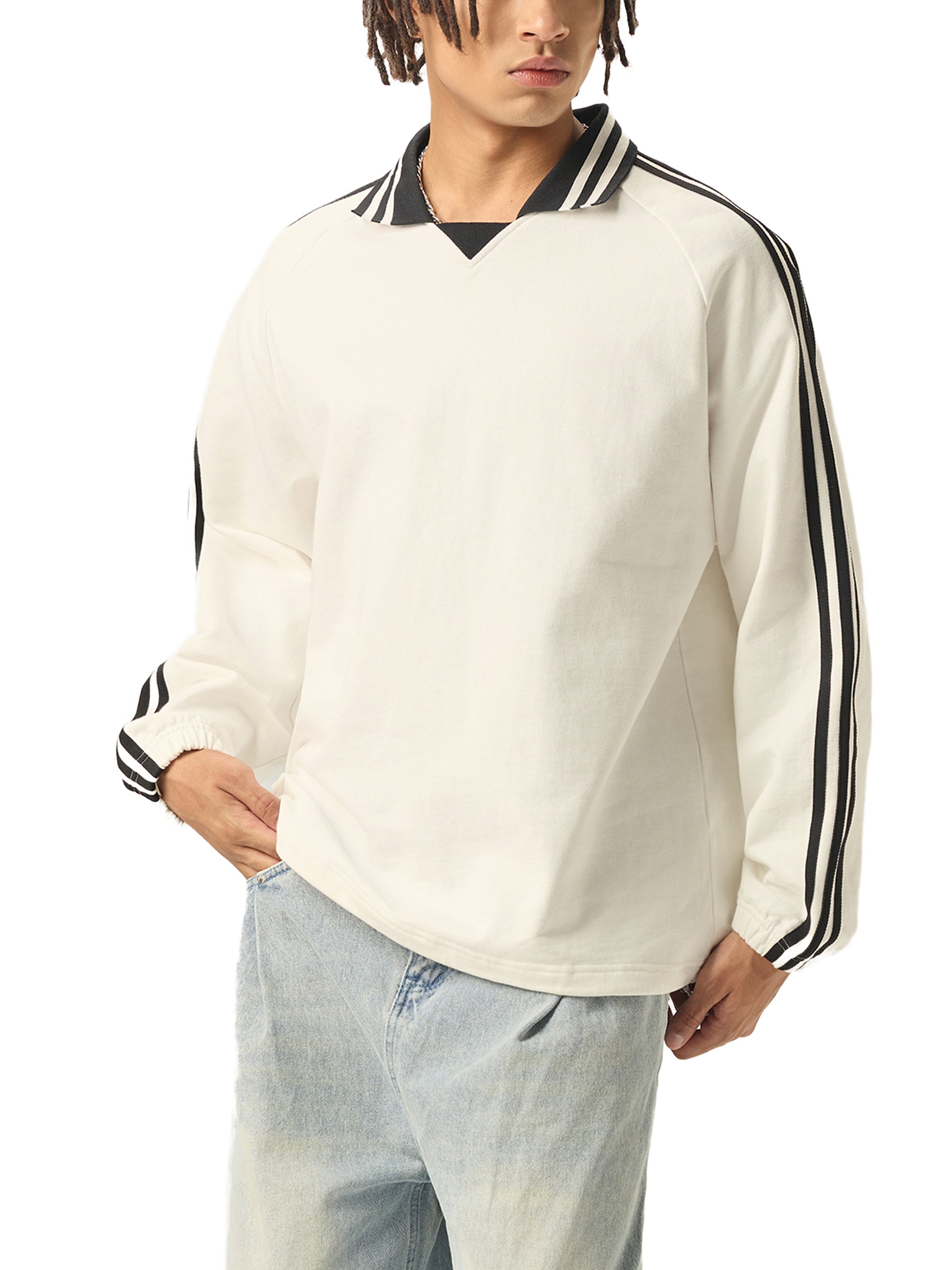 Contrast Striped Lapel Collar Sweatshirt